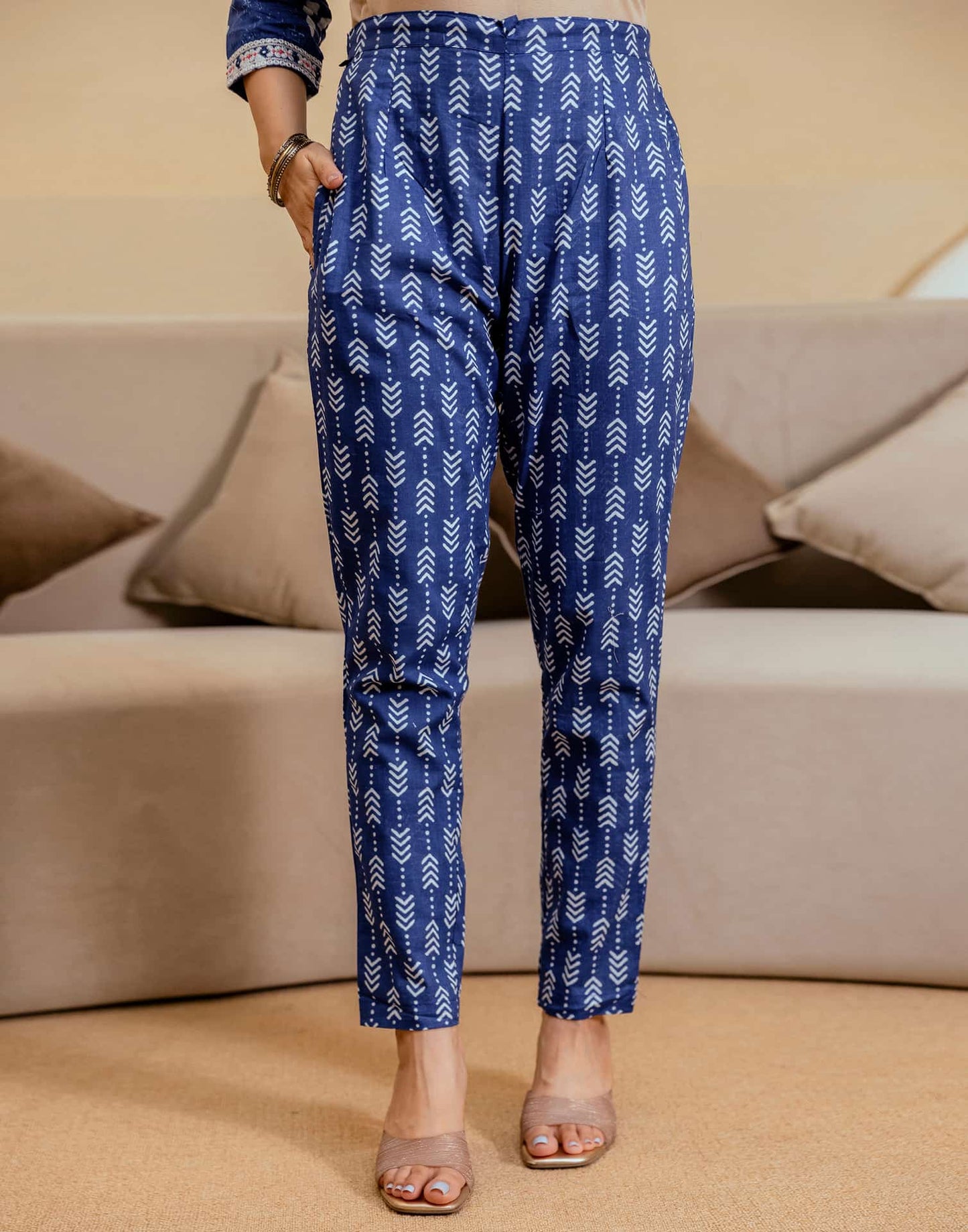 Dark Blue Cotton Printed Straight Kurta with Pant & Dupatta for Women