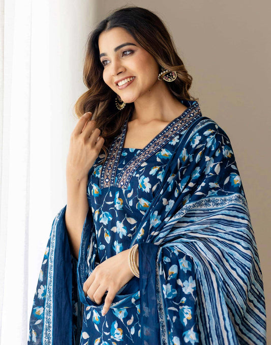 Cotton Printed Straight Kurta with Pant & Dupatta