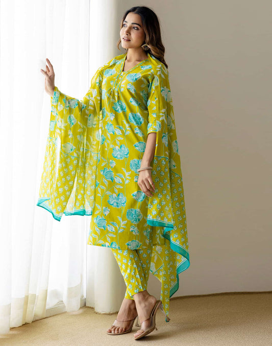 Green Cotton Printed Straight Kurta with Pant & Dupatta for Women