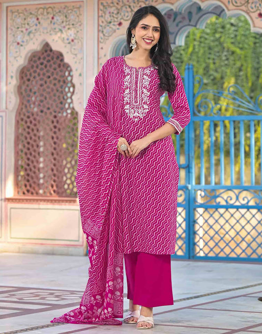 Pink Cotton Printed Straight Kurta Set for Women with Pant and Dupatta