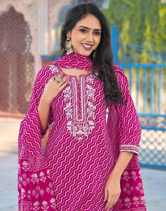 Pink Cotton Printed Straight Kurta Set for Women with Pant and Dupatta