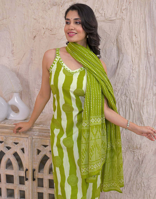 Cotton Printed Straight Kurta with Pant & Dupatta