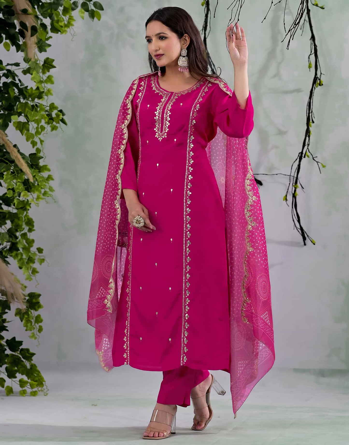Silk Embroidered Straight Kurta with Pant & Dupatta