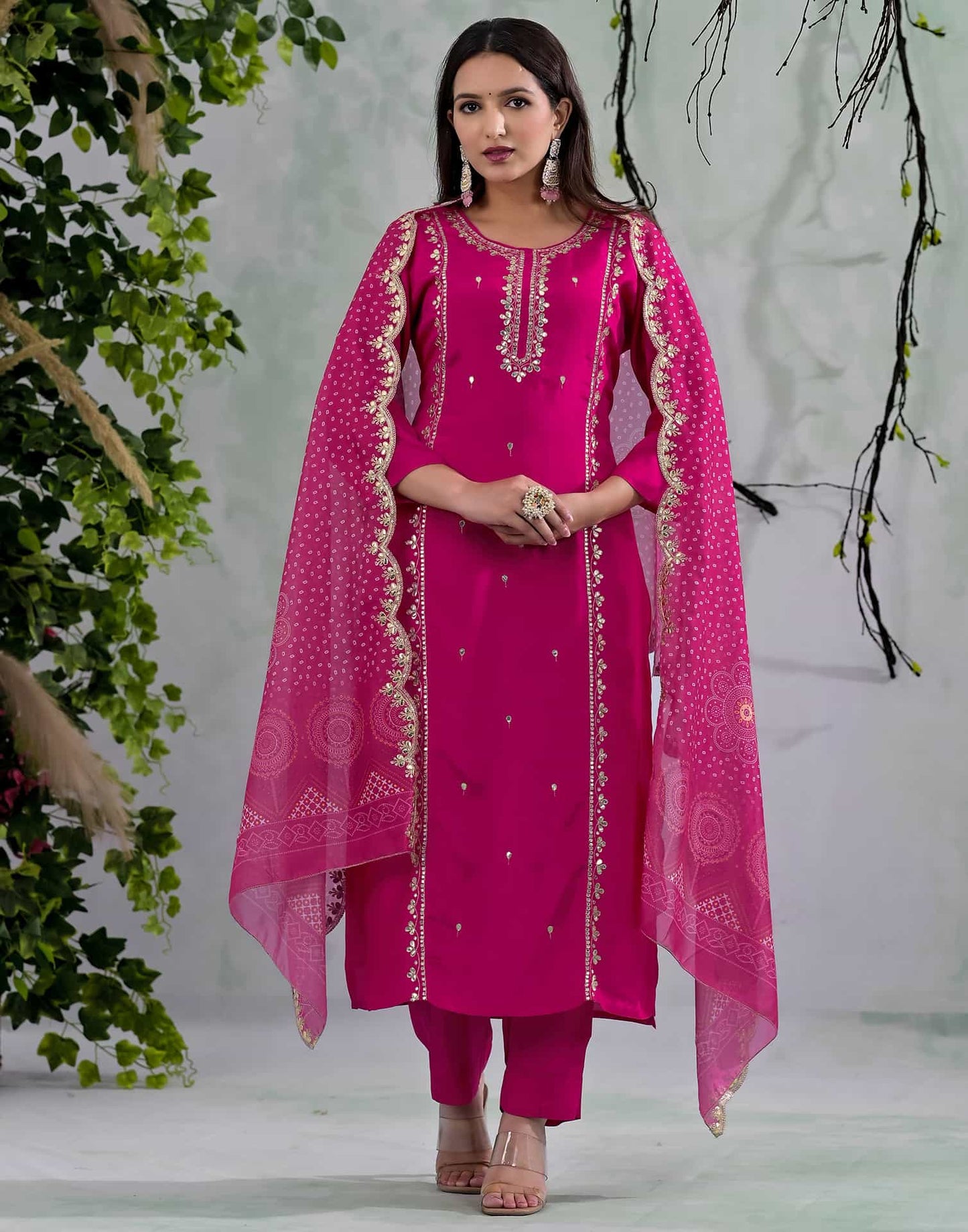 Silk Embroidered Straight Kurta with Pant & Dupatta