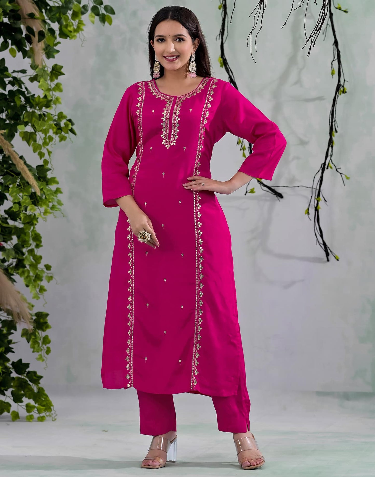 Silk Embroidered Straight Kurta with Pant & Dupatta