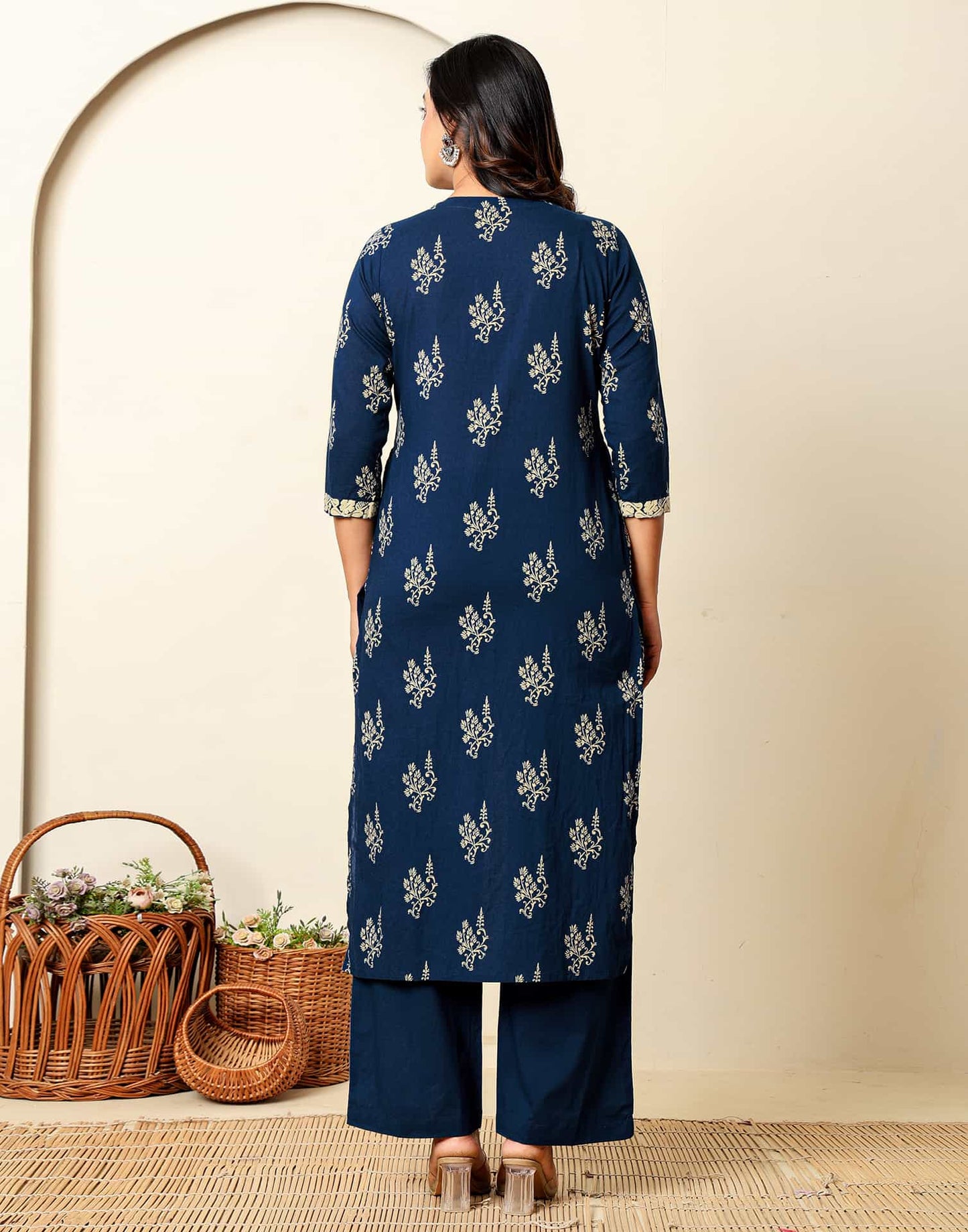 Cotton Straight Printed V-Neck Kurta with Pant & Dupatta