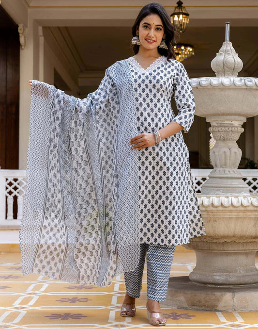 Cotton Printed Anarkali Kurta with Pant & Dupatta