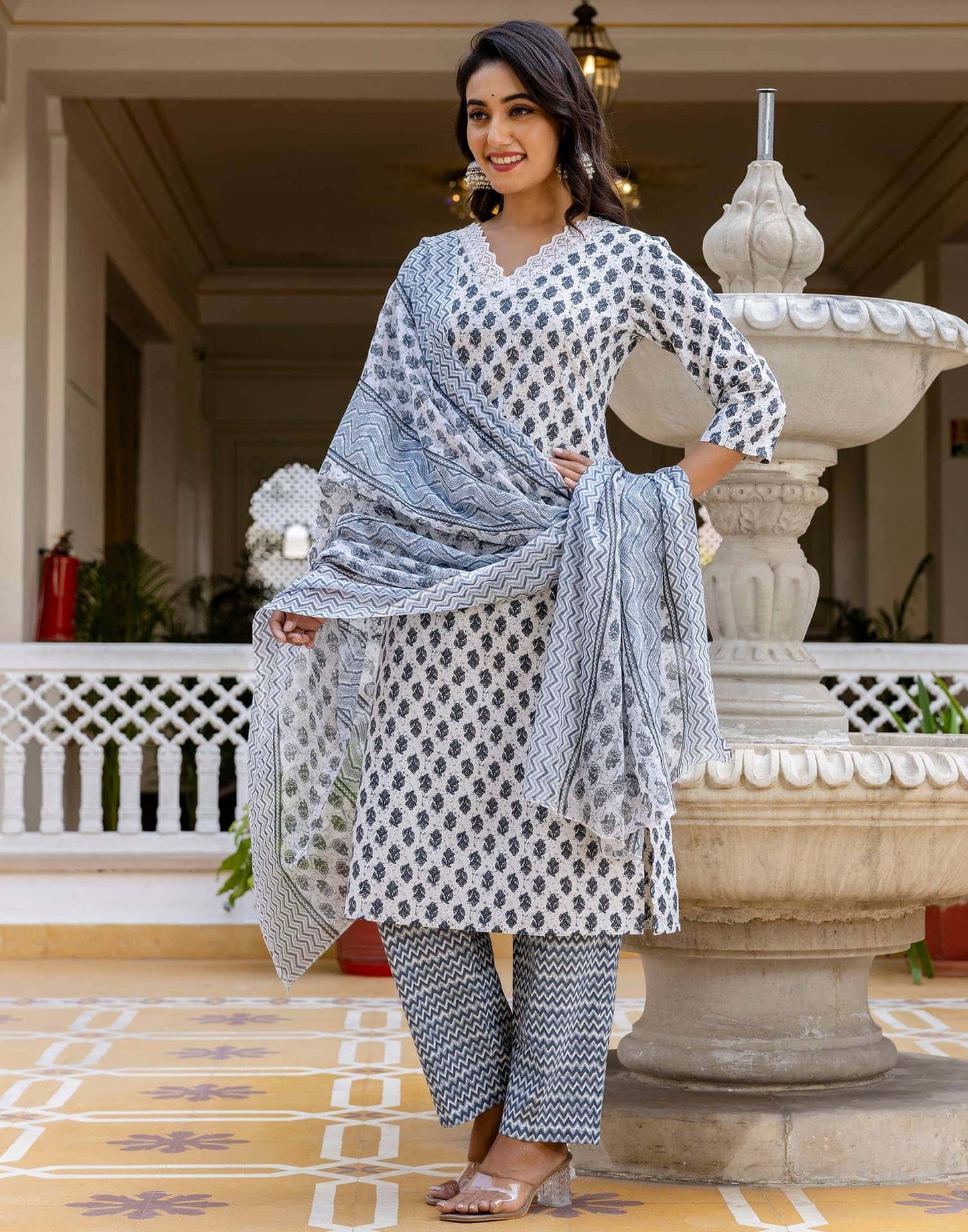 Cotton Printed Anarkali Kurta with Pant & Dupatta