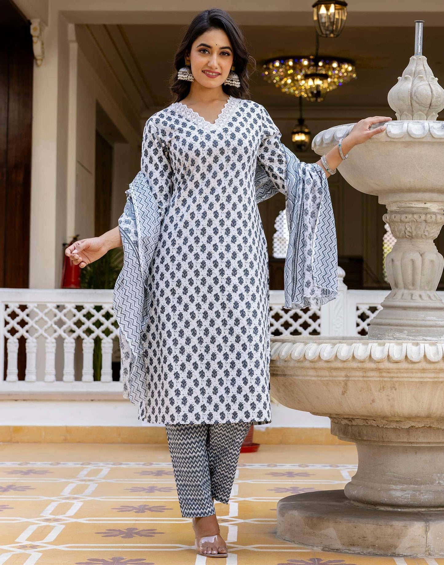Cotton Printed Anarkali Kurta with Pant & Dupatta