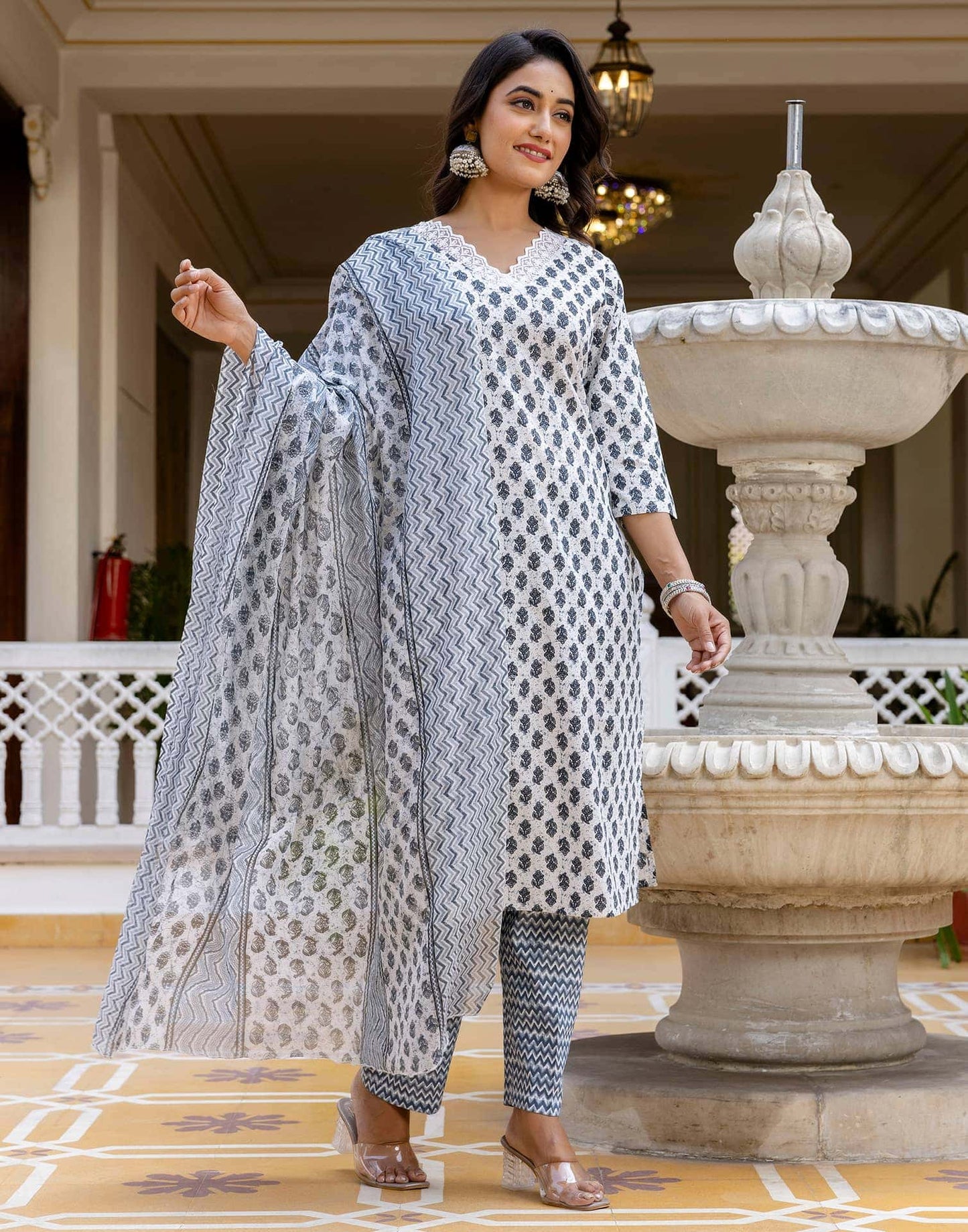 Cotton Printed Anarkali Kurta with Pant & Dupatta