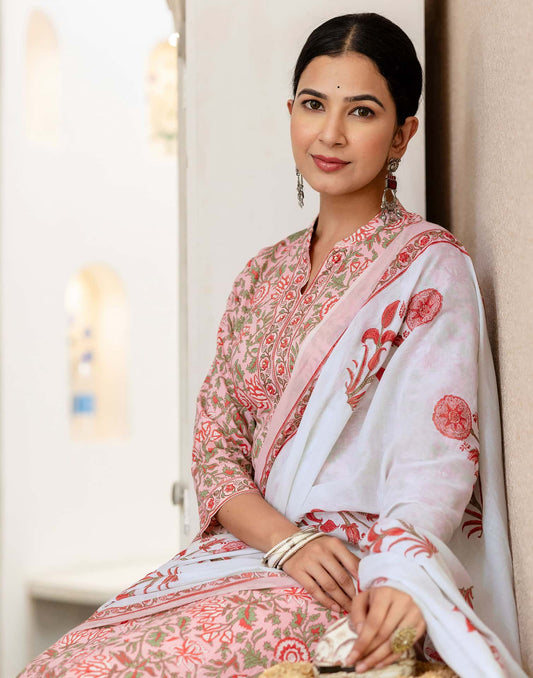 Affordable Pink Cotton Printed A-Line Kurta Set with Pant & Dupatta