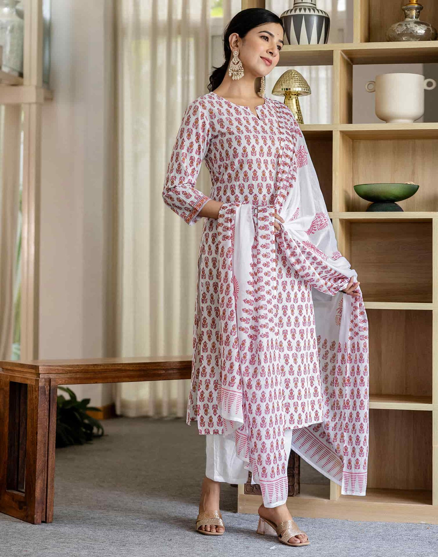 Cotton Printed A-Line Kurta with Pant & Dupatta