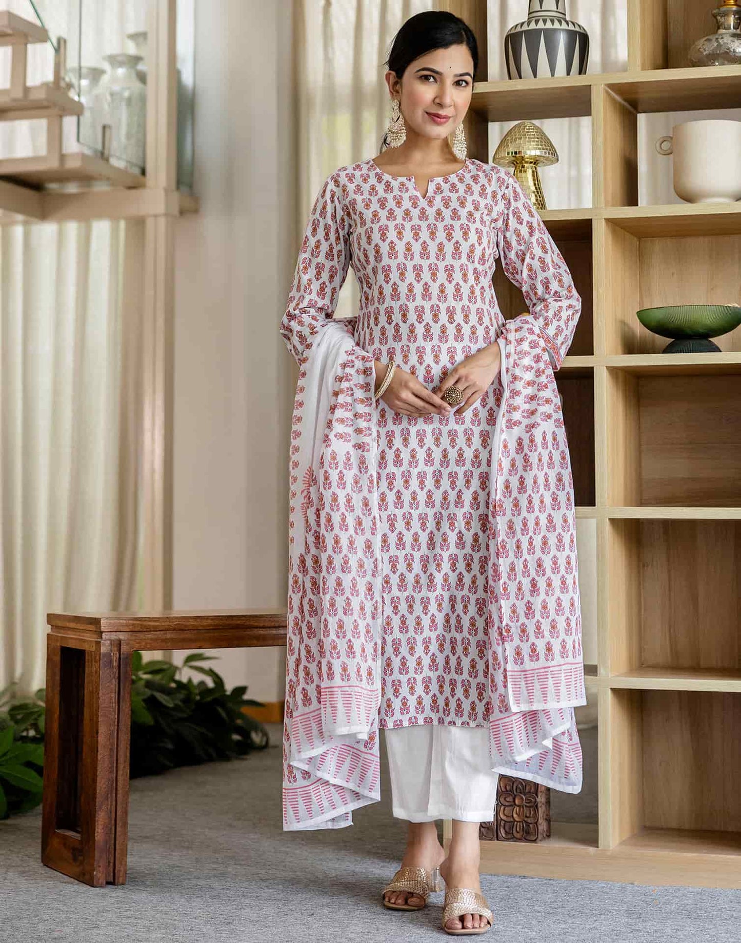 Cotton Printed A-Line Kurta with Pant & Dupatta
