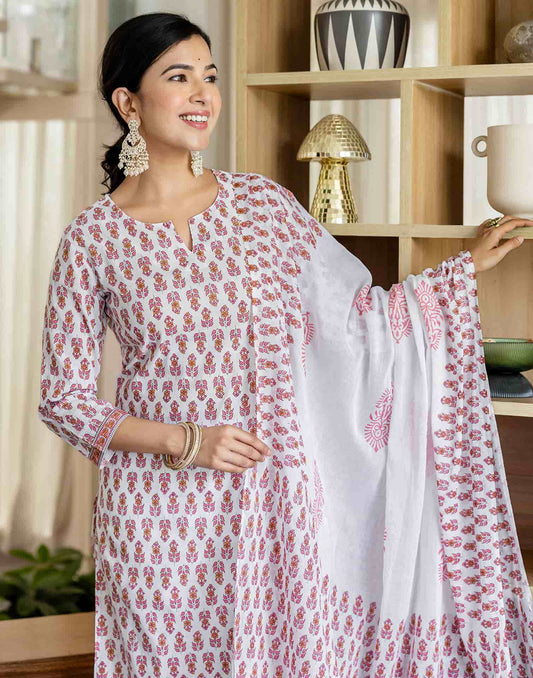 Affordable White Cotton Printed A-Line Kurta Set with Pant & Dupatta