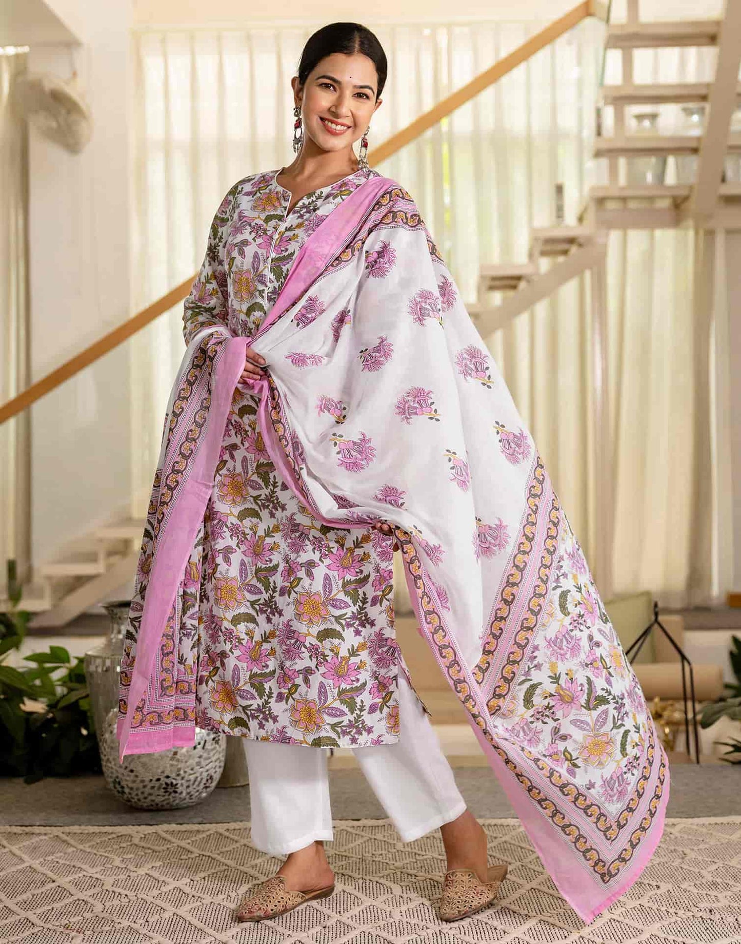 Cotton Printed A-Line Kurta with Pant & Dupatta