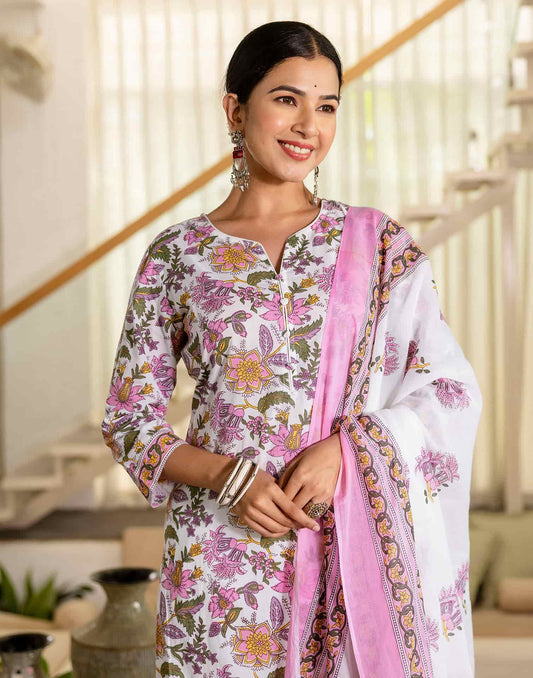 Affordable Cotton A-Line Printed Kurta Set with Pant & Dupatta