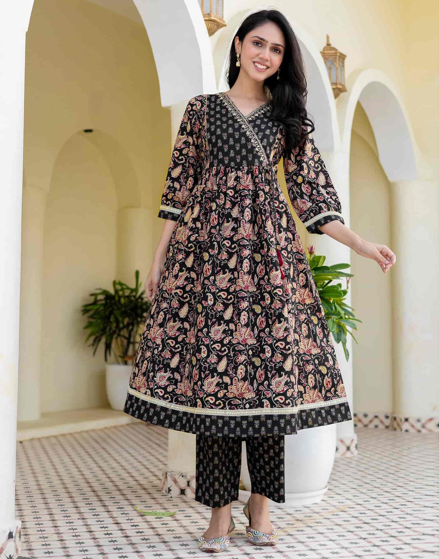 Cotton Printed, Embroidery, Tassels, Anarkali Kurta with Pant & Dupatta