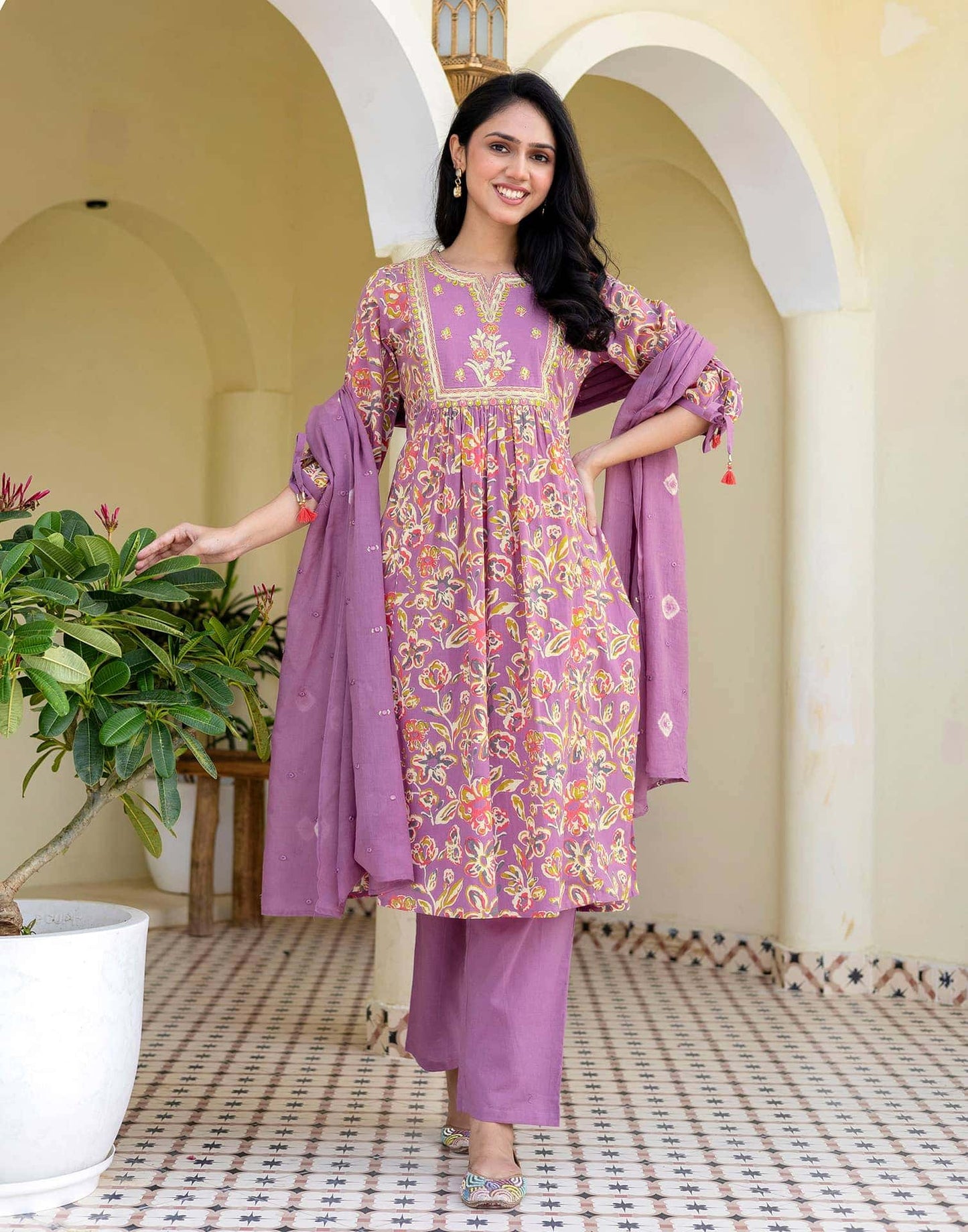 Cotton Printed, Embroidery, Tassels Anarkali Kurta with Pant & Dupatta