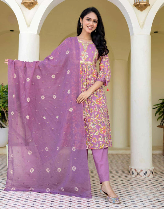 Cotton Printed, Embroidery, Tassels Anarkali Kurta with Pant & Dupatta