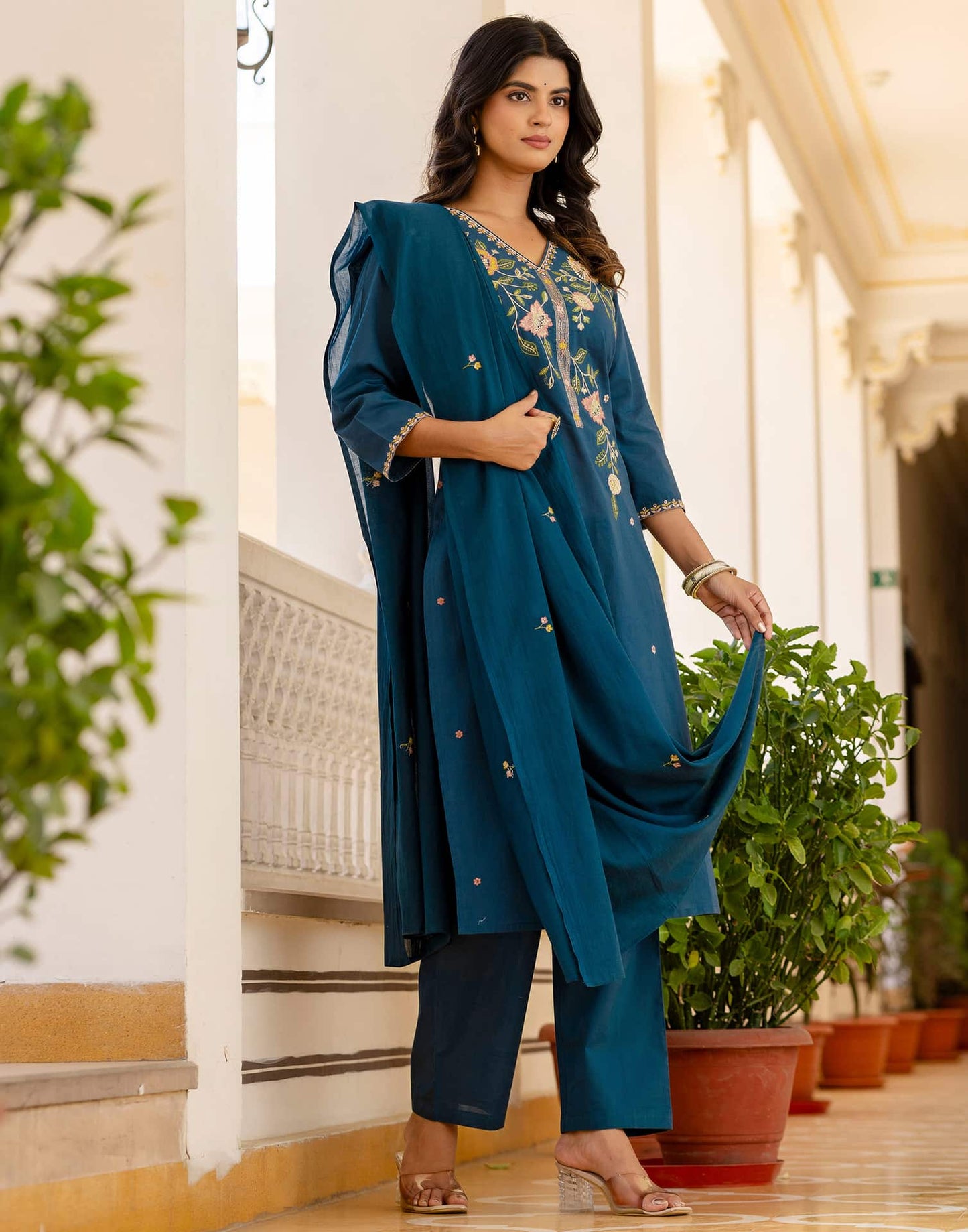 Cotton Embroidered Straight Kurta with Pant & Dupatta