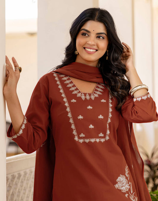 Cotton Embroidery and Sequins Work, Embroidery Lace Straight Kurta with Pant & Dupatta