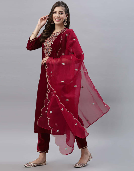 Velvet Embroidery Straight Kurta with Pant & Dupatta