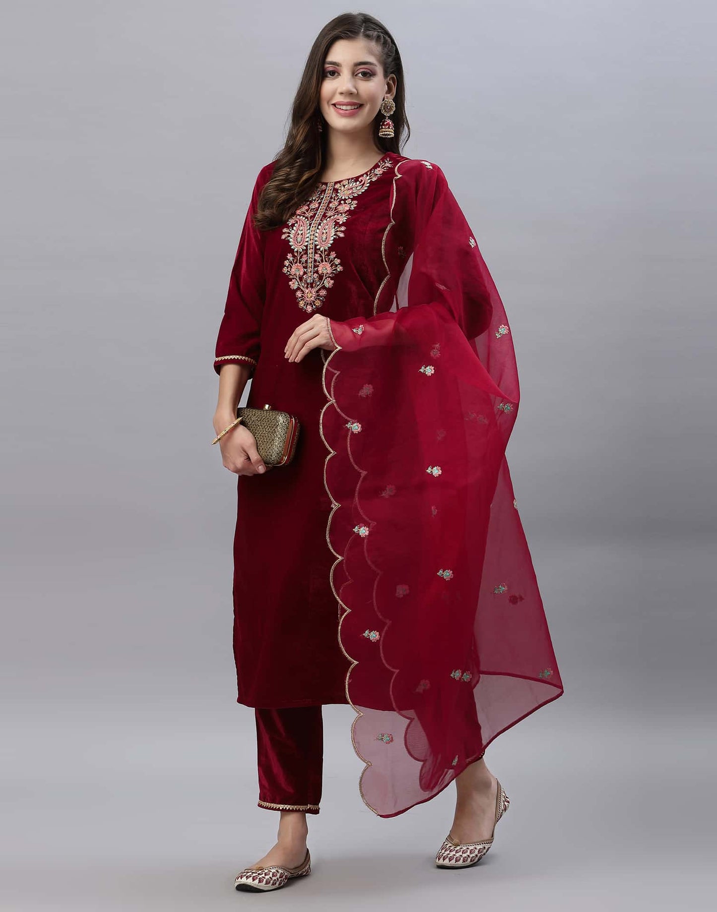 Velvet Embroidery Straight Kurta with Pant & Dupatta