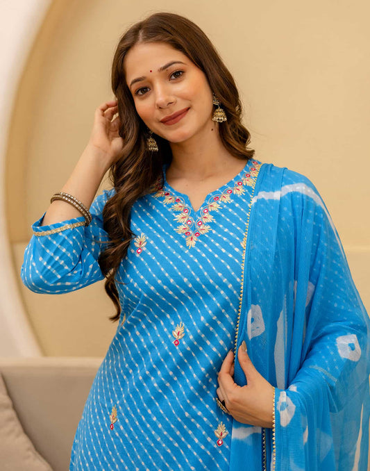 Cotton Printed Straight Kurta with Pant & Dupatta