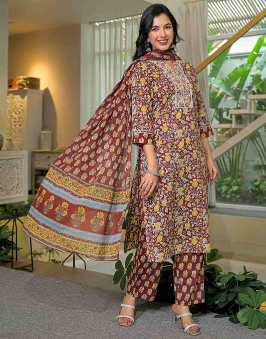 Cotton Printed Straight Kurta with Pant & Dupatta