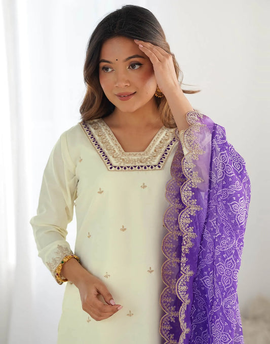 Silk Embroidery and Sequin Work Straight Kurta with Pant & Dupatta