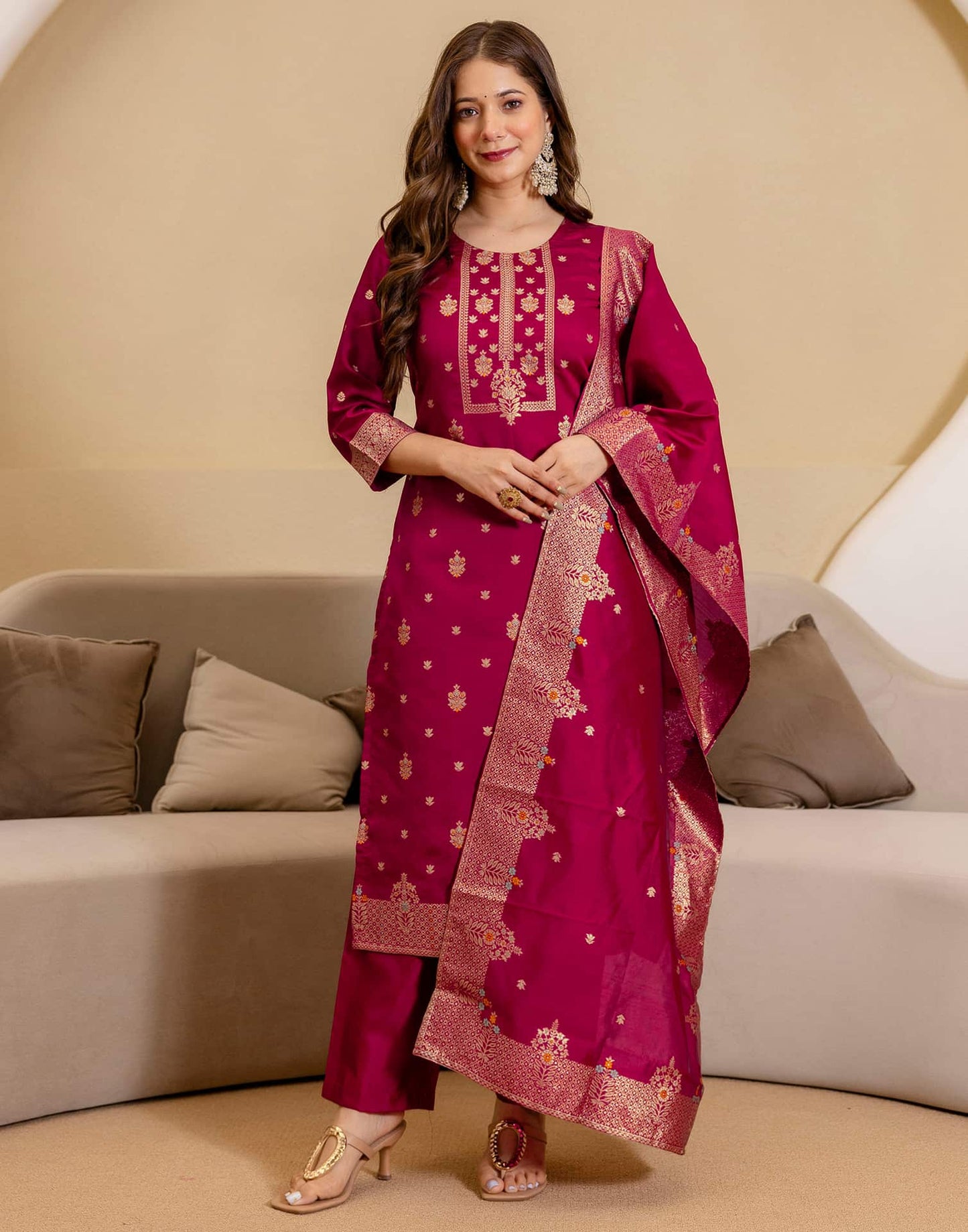 Silk Blend Woven Straight Kurta with Pant & Dupatta