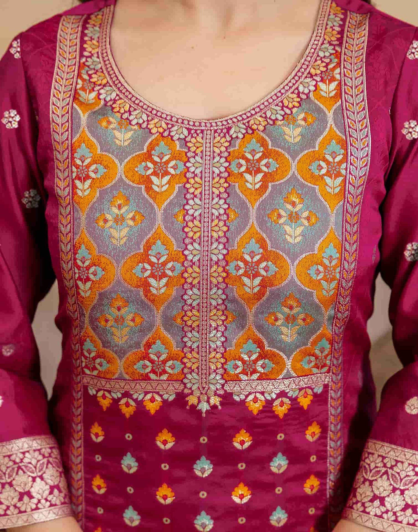 Silk Blend Woven Straight Kurta with Pant & Dupatta