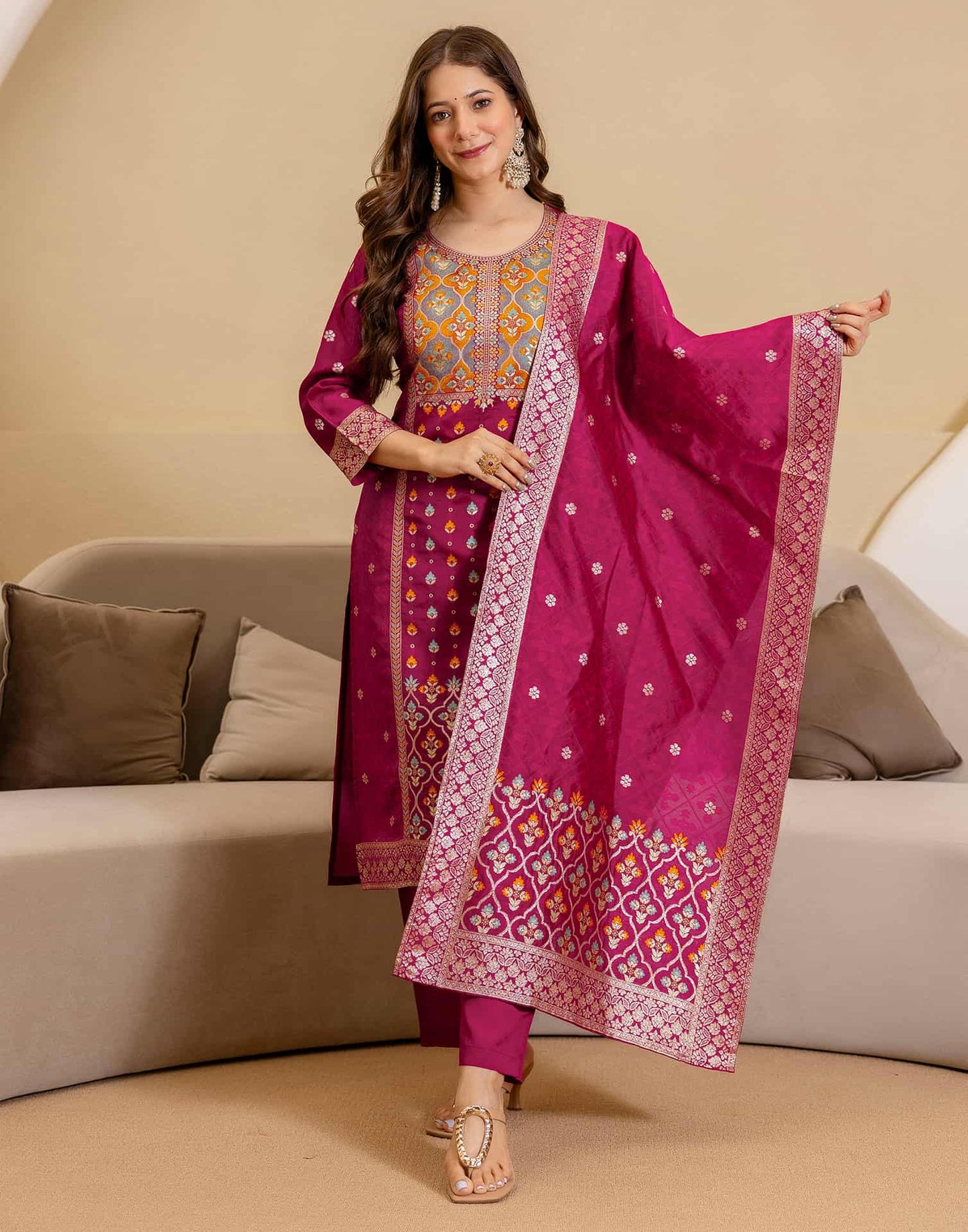 Silk Blend Woven Straight Kurta with Pant & Dupatta