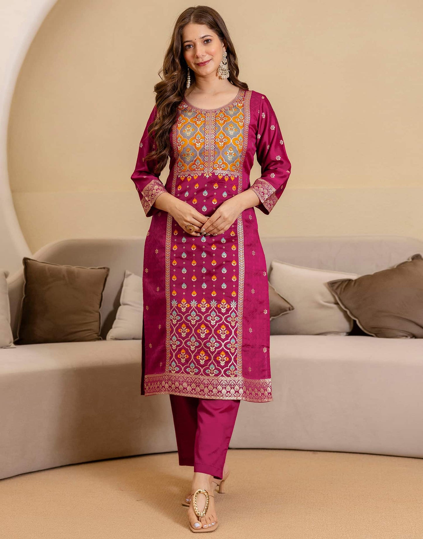 Silk Blend Woven Straight Kurta with Pant & Dupatta