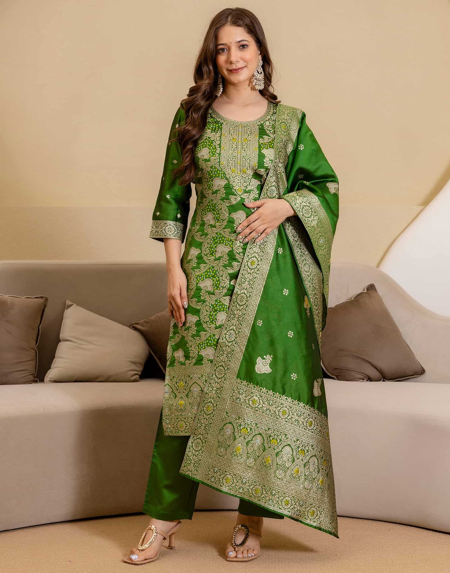 Silk Blend Woven Straight Kurta with Pant & Dupatta