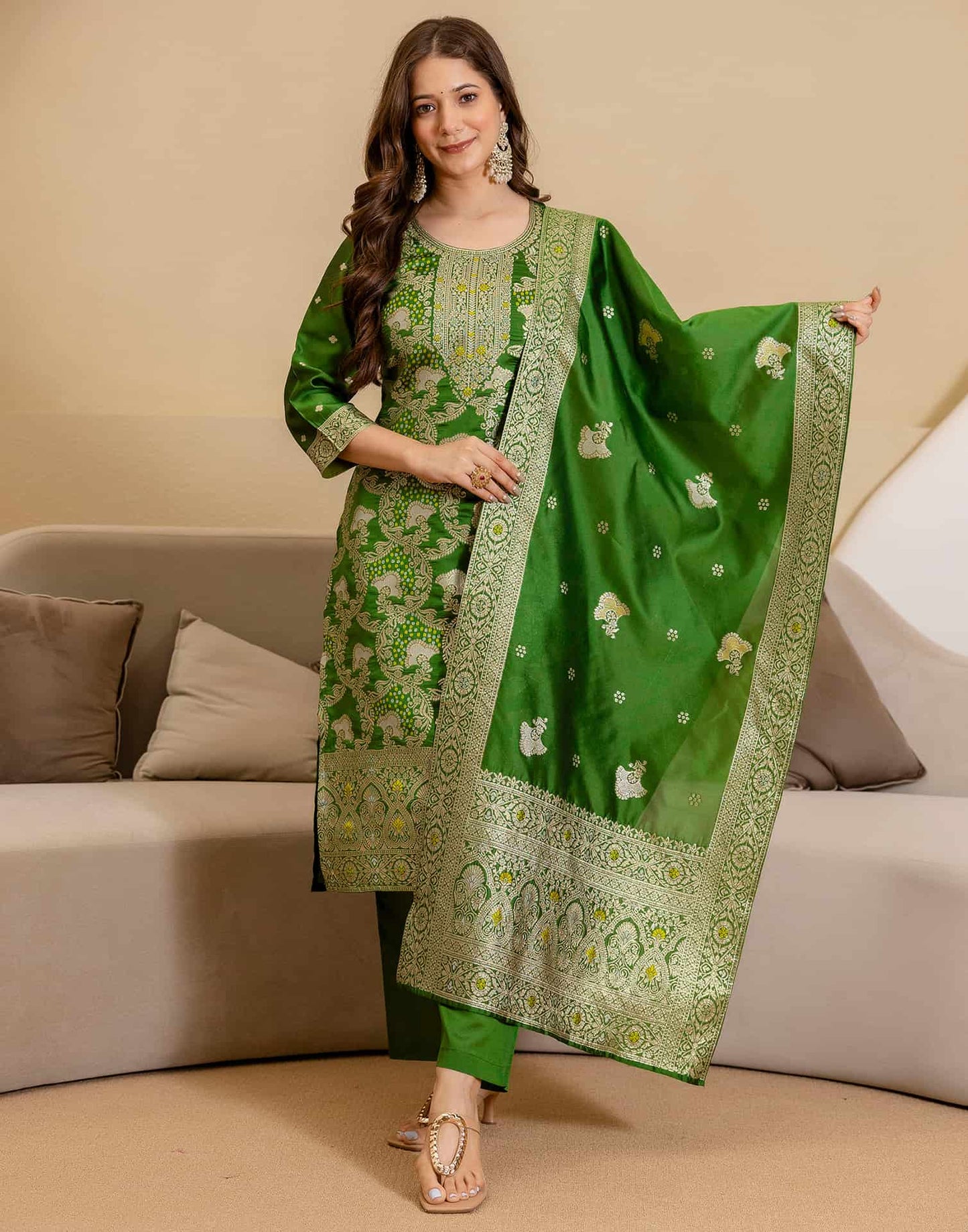 Silk Blend Woven Straight Kurta with Pant & Dupatta