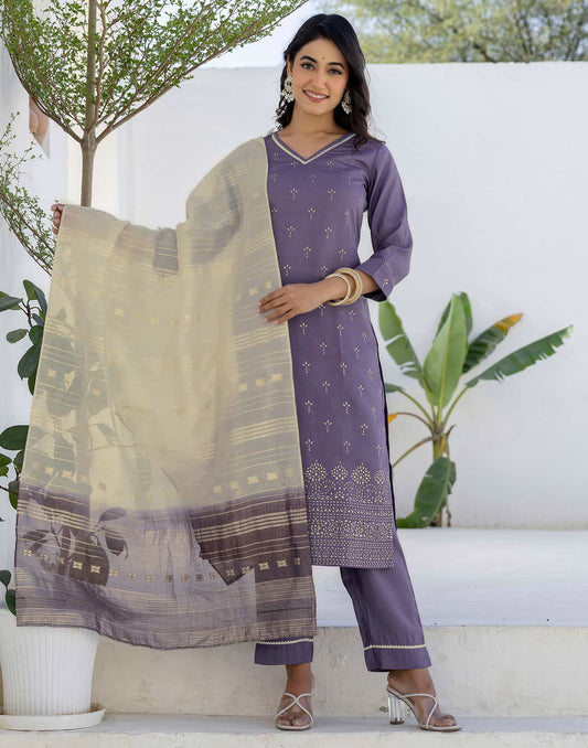 Skylee Purple Silk Printed Straight Kurta Set for Women