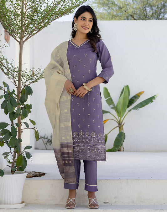 Skylee Purple Silk Printed Straight Kurta Set for Women