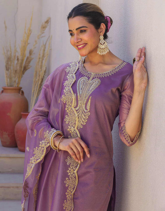 Affordable Ethnic Wear Purple Net Sequins Embroidered Kurta Set with Lace, Pant & Dupatta