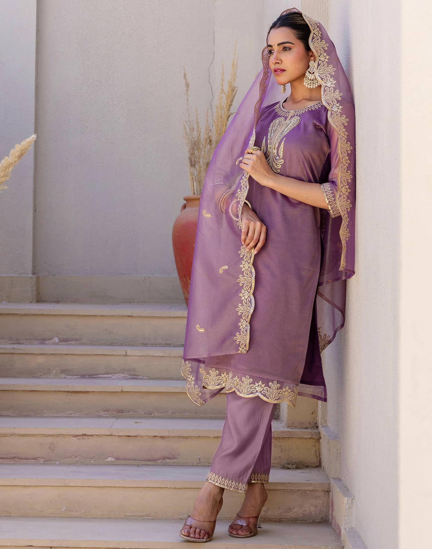 Net Sequins Work, Embroidery and Embroidery Lace Straight Kurta with Pant & Dupatta