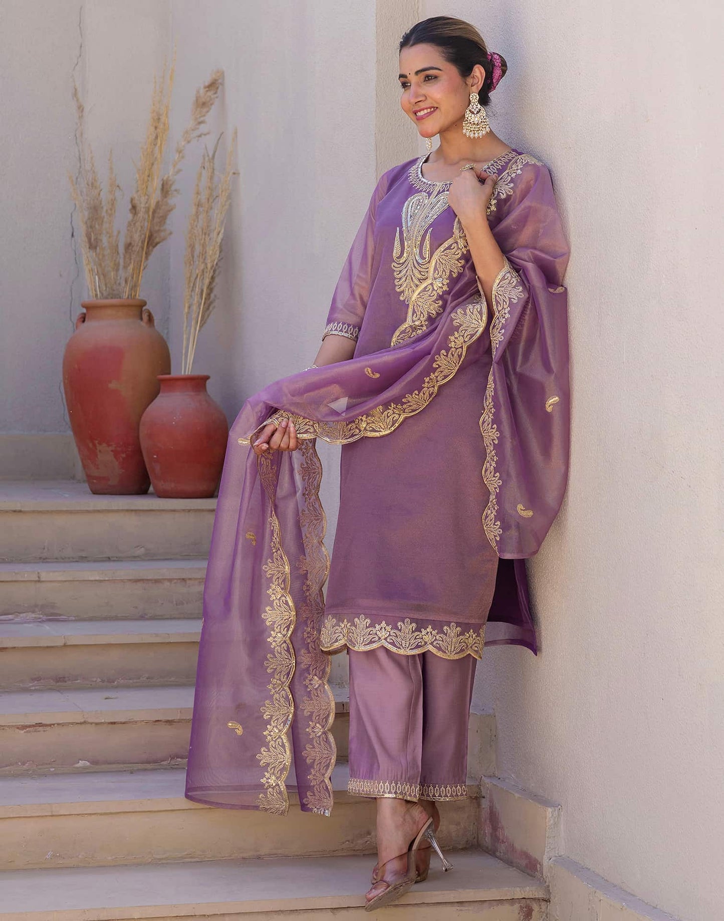 Net Sequins Work, Embroidery and Embroidery Lace Straight Kurta with Pant & Dupatta