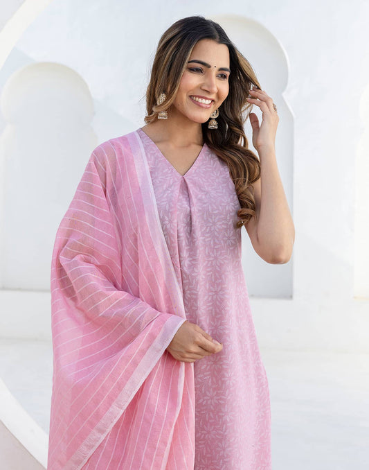 Cotton Printed A-Line Sleeveless Kurta with Pant & Dupatta