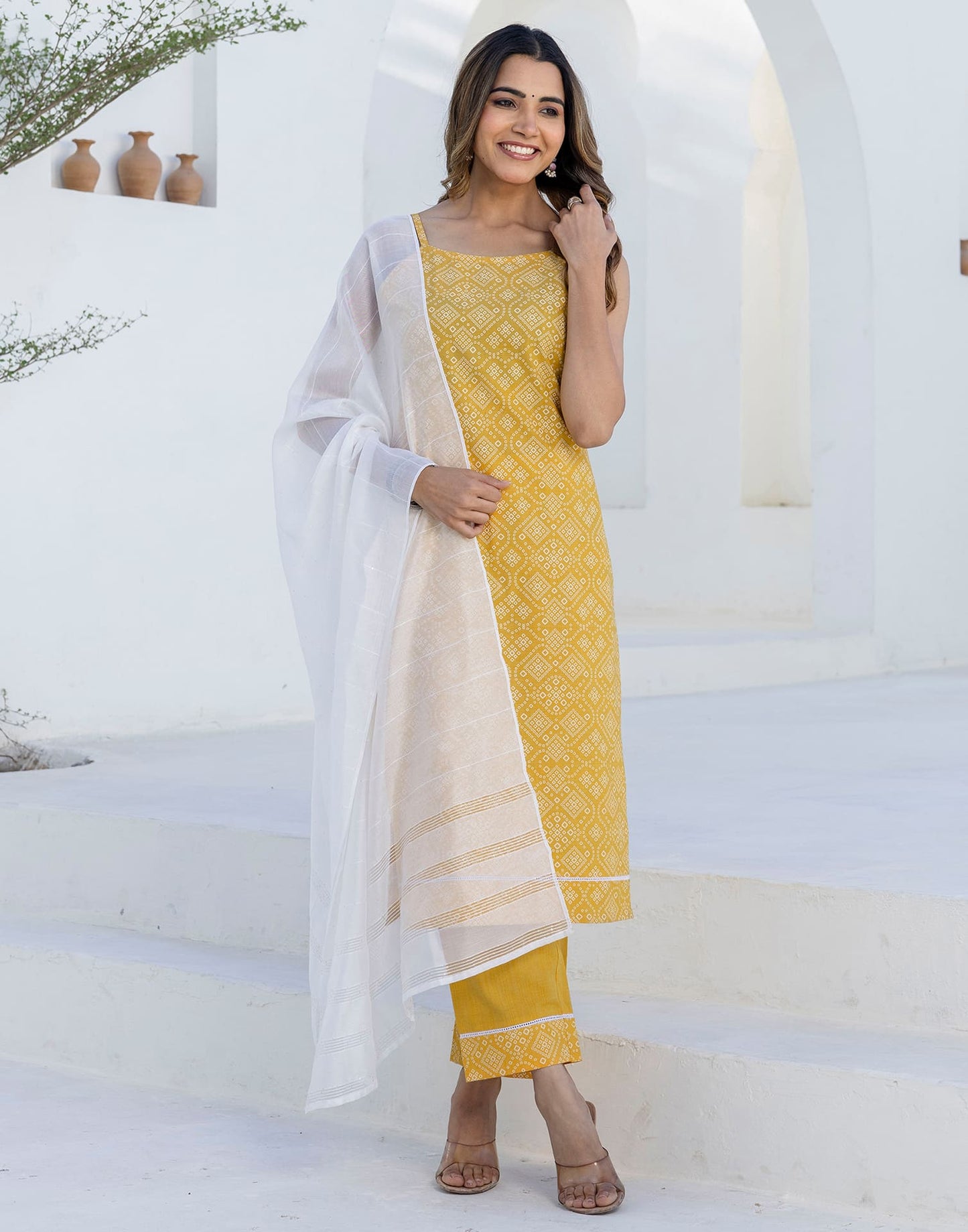 Cotton Bandhani Printed A-Line Kurta with Pant & Dupatta