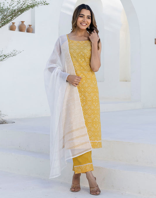 Affordable Cotton Bandhani Printed A-Line Kurta Set for Women with Pant & Dupatta