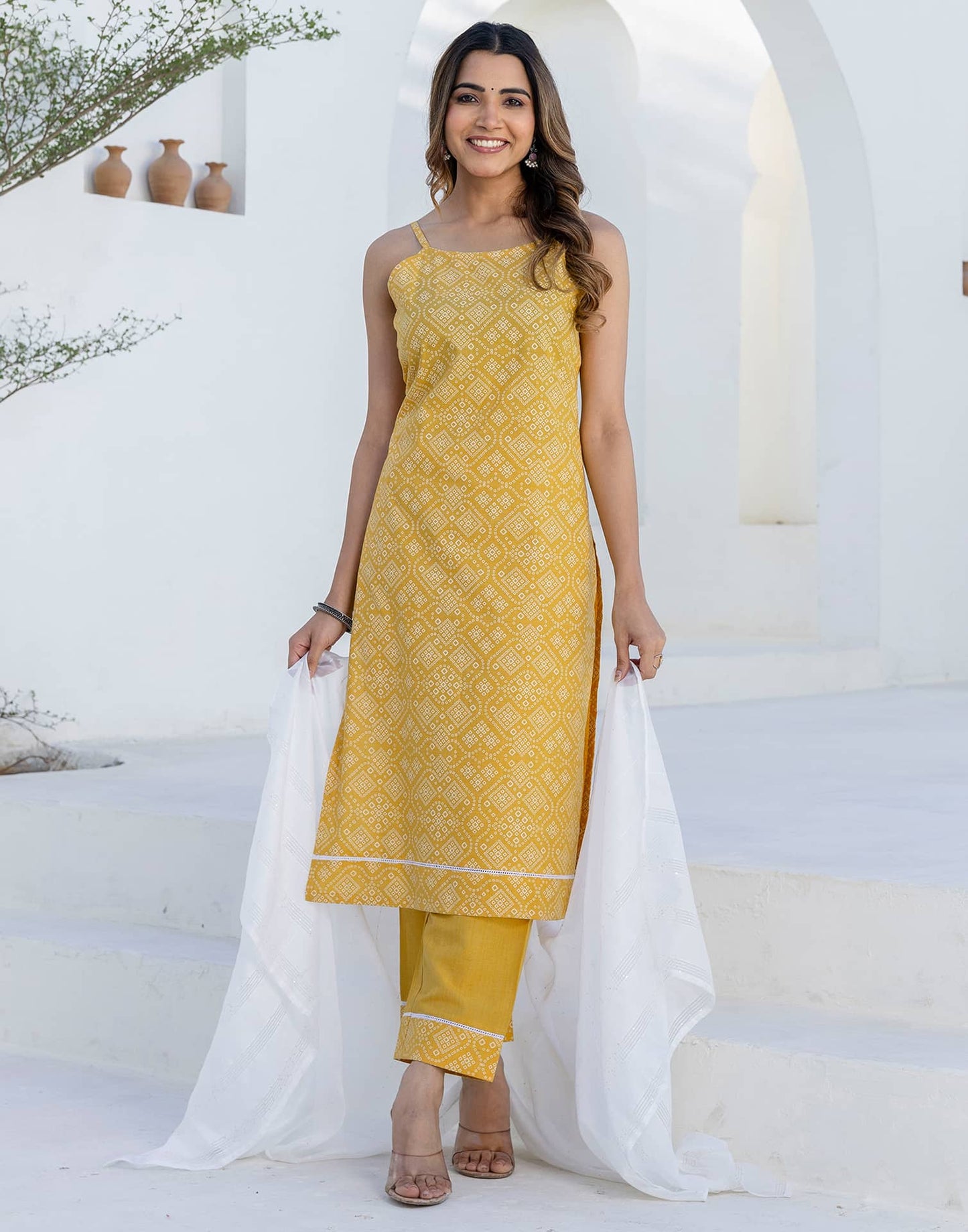 Cotton Bandhani Printed A-Line Kurta with Pant & Dupatta
