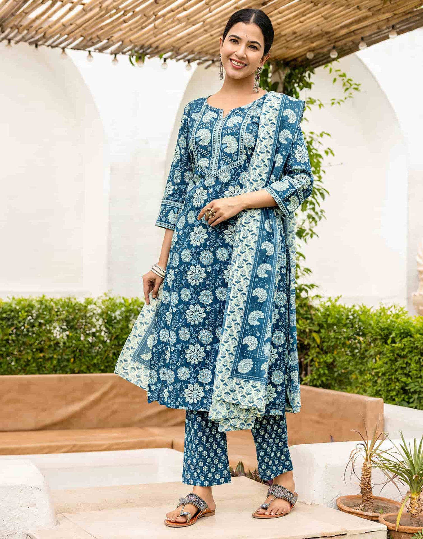 Cotton Printed Straight Kurta with Pant & Dupatta