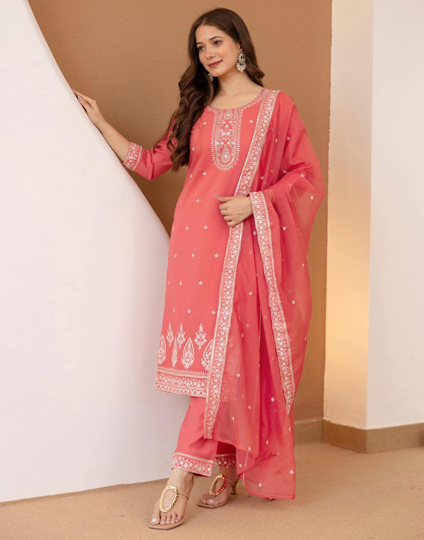 Silk Blend Embroidered Straight Kurta with Pant & Dupatta