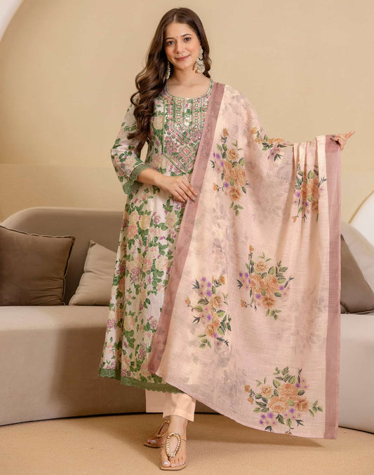 Beige Cotton Printed Anarkali Kurta with Pant & Dupatta