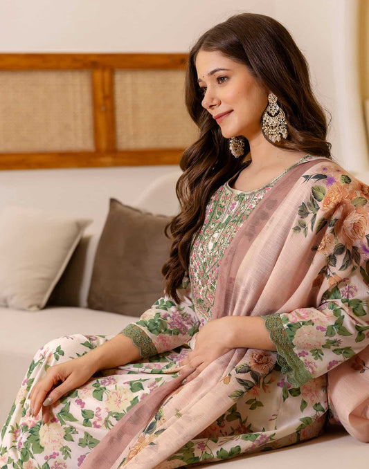 Beige Cotton Printed Anarkali Kurta with Pant & Dupatta