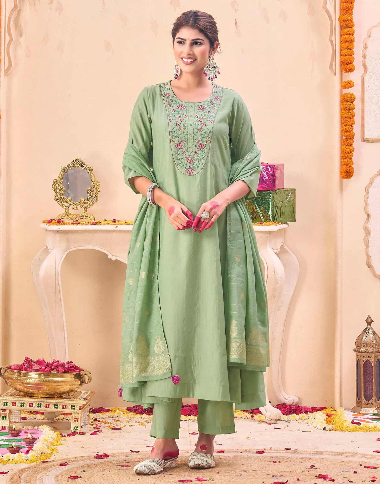 Silk Embroidered Anarkali Kurta with Pant & Dupatta